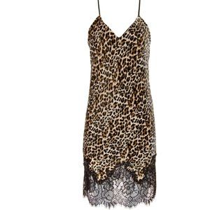 Gold Hawk Velvet Animal Print Leopard Slip Dress with Lace & Adjustable Straps